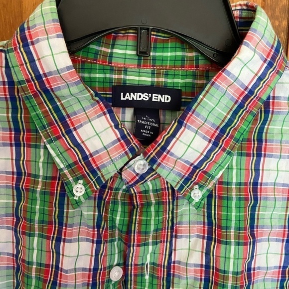 LANDS End Green & red checkered short sleeve button down shirt size large - Picture 1 of 3